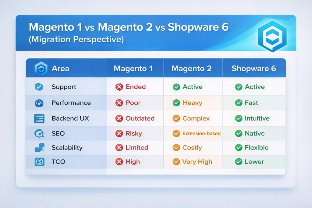 Magento 1 vs Magento 2 vs Shopware 6 (Migration Perspective)